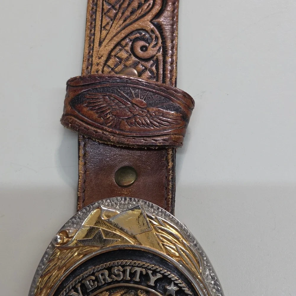 Vintage 1984 Texas A&M University Belt Buckle Silver Creek Leather Strap Brown